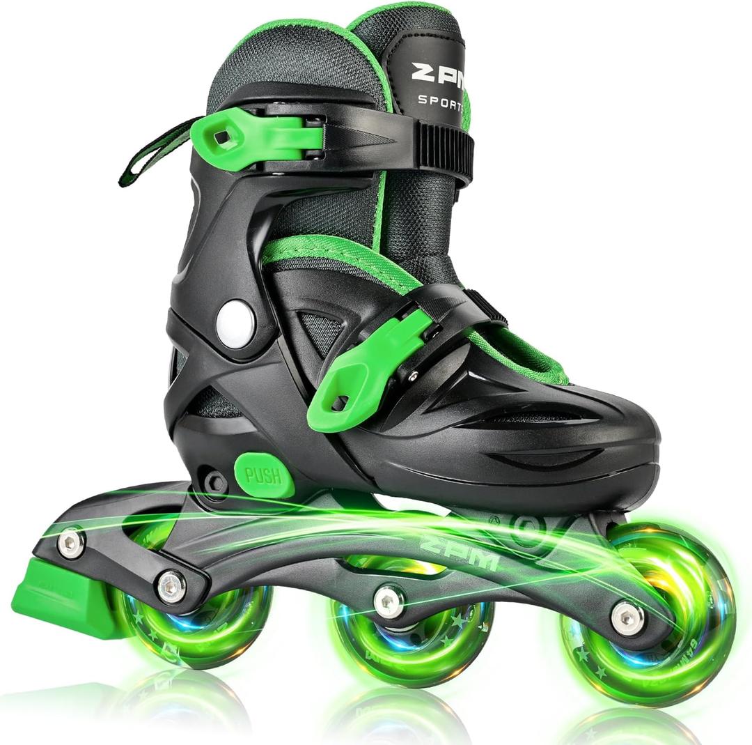 2PM SPORTS Inline Skates with Light Up Wheels, Roller Skates Blades for Boys Girls Kids Ages 5-8 8-12 4-6 6-12, Size Adjustable Beginner Blades Roller Skates (Black & Green, Small - Little Kid (9C-12C US))