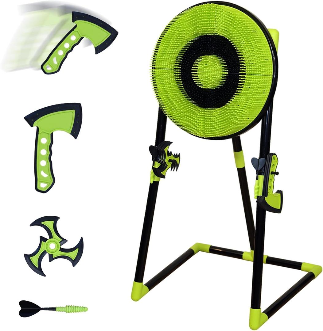 Leeray 3-in-1 Bristle Target Board Game – Axe Throwing Game for Backyard with Throwing Axes, Soft Tip Darts, and Ninja Stars – Safe Outdoor Games & Kids Toys for Ages 6+ (18 inch Green)