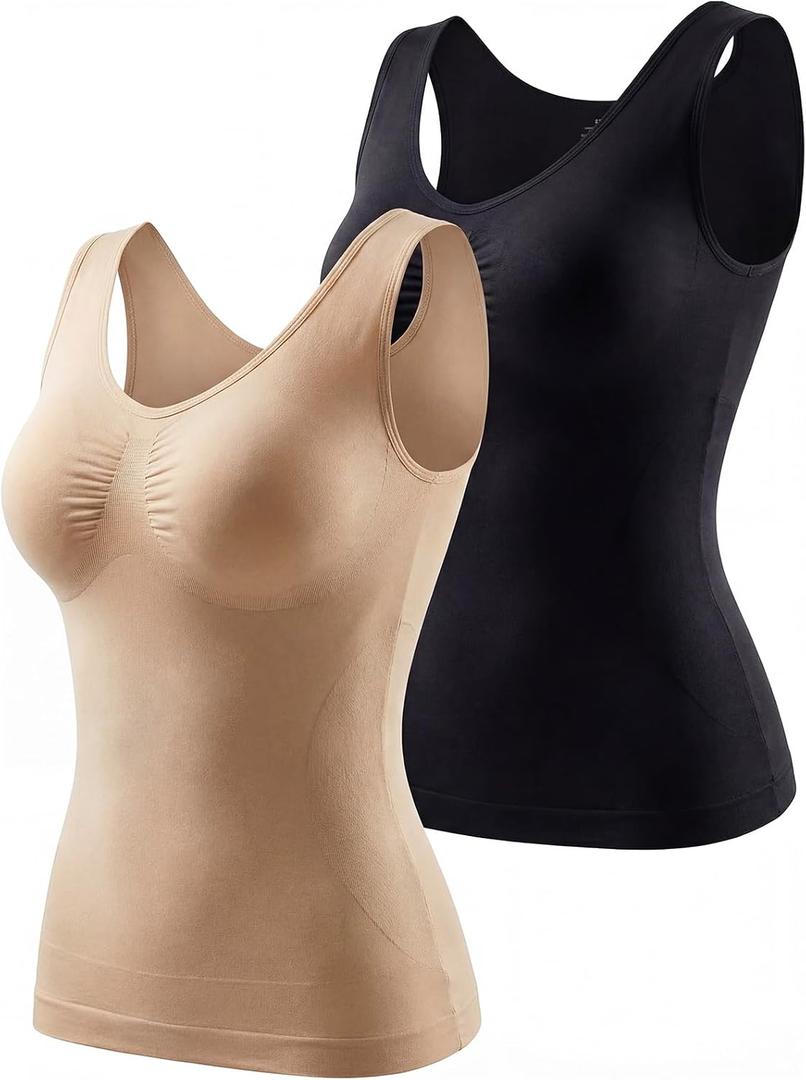 ATTLADY Compression Tank Tops for Women, High Shaping Scoop & V-Neck Cami, Shapewear Tummy Control Camisole (L)