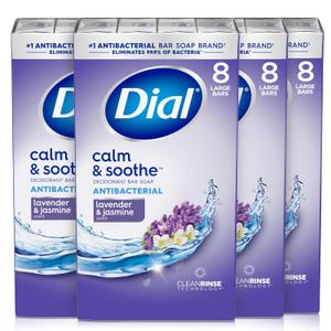 Dial Antibacterial Deodorant Bar Soap, Calm & Soothe Lavender & Twilight Jasmine Scent, 4 Oz, 32 Bars, Dermatologist Tested, With Clean Rinse Technology