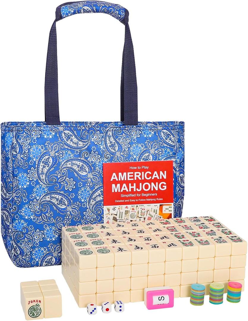 American Mahjong Tile Set, Large Mahjong Tiles Set with 166 Numbered Ivory Tiles, Beautiful Case&English Instruction, Mahjong Game Set