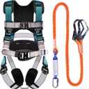Fall Protection Premium Safety Harness with Shock Absorbing Lanyard, Vented & Padded Shoulder, Legs & Back - Upgrade 4 Quick Buckles (Dark Green)