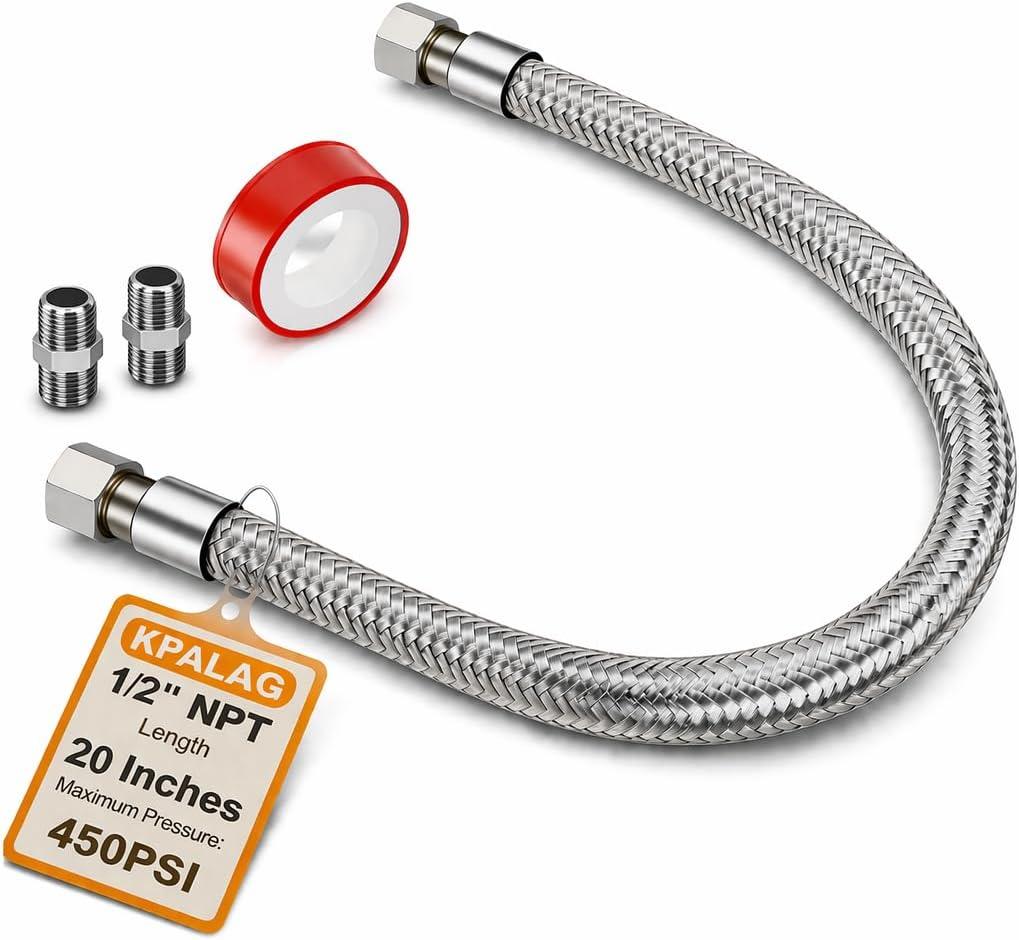 1/2" NPT Male (20" Length) Compressor Jumper Hose，450 PSI 750°F，Industrial Grade Flexible Stainless Steel with Dual Swivel Male Fittings Connectors for Air Compressor System