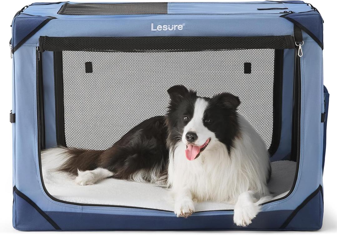 Lesure Collapsible Dog Crate - Portable Travel Kennel for Large Dog, 4-Door Pet Crate with Mesh Windows, Indoor & Outdoor, Blue