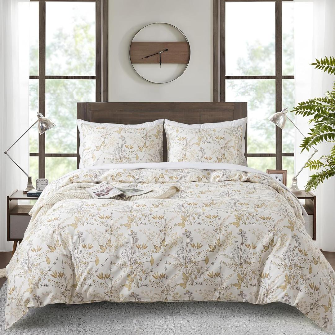 NEWLAKE Cotton Duvet Cover King Size - Soft Breathable Duvet Cover Set 3 Pieces with Zipper Closure, 1 Duvet Cover 104x90 Inches and 2 Pillow Shams, Golden Colored Leaves Pattern