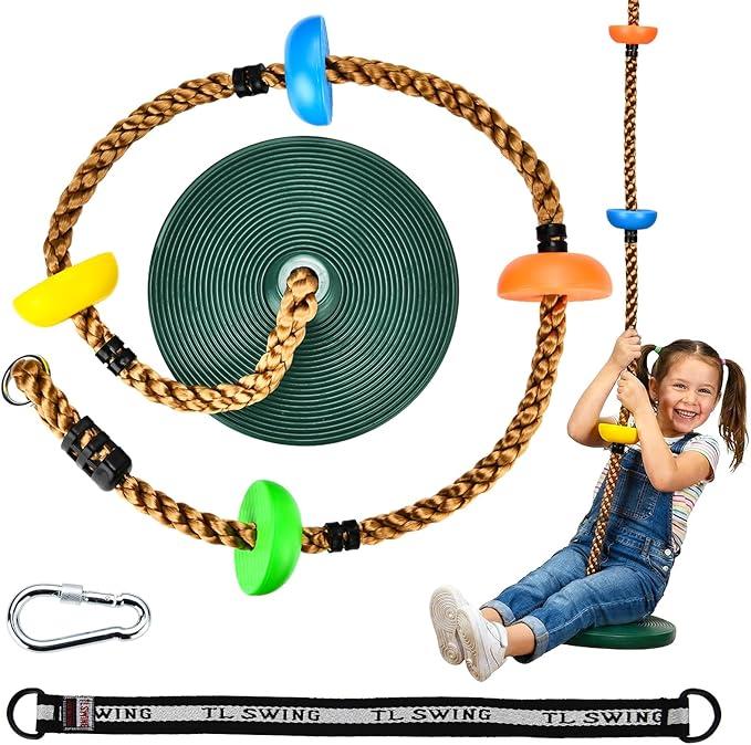 Tree Swing for Kids 330LB Capacity, Climbing Rope with Platforms and Disc Swing Seat Set Outdoor Backyard Playground Accessories with Carabiners and Thickened Strap, Green