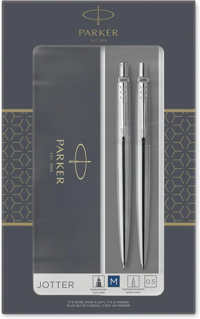 Parker Jotter Duo Gift Set, Ballpoint Pen & Mechanical Pencil (0.5mm), Stainless Steel with Chrome Trim, Quality Blue Ink Refill, Perfect for Professional and Academic Use (1 Count (Pack of 1))