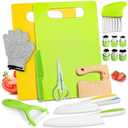iAOVUEBY 18PCS Kids Knifes Set for Real Cooking, Wooden Toddler Knife 2PCS Cutting Board Kitchen Gloves Fruit Vegetable Crinkle Cutters Plastic Kid Safe Knives, Birthday Gifts for Girls & Boys Age 3-8