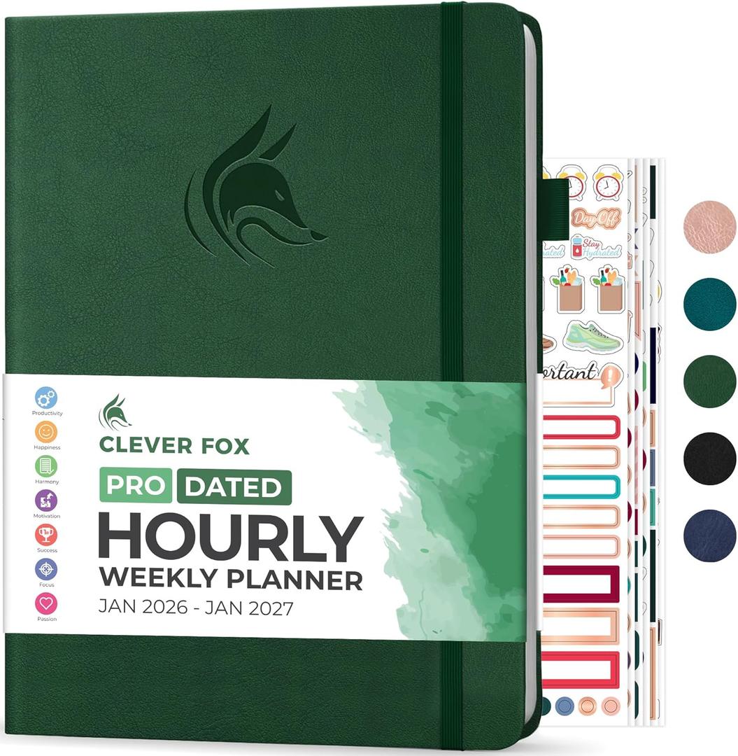 Clever Fox Planner PRO Schedule Dated (Jan 2026Jan 2027) Weekly & Monthly Life Planner with Time Slots, Appointment Book and Daily Organizer to Increase Productivity, A4 Hardcover Forest Green