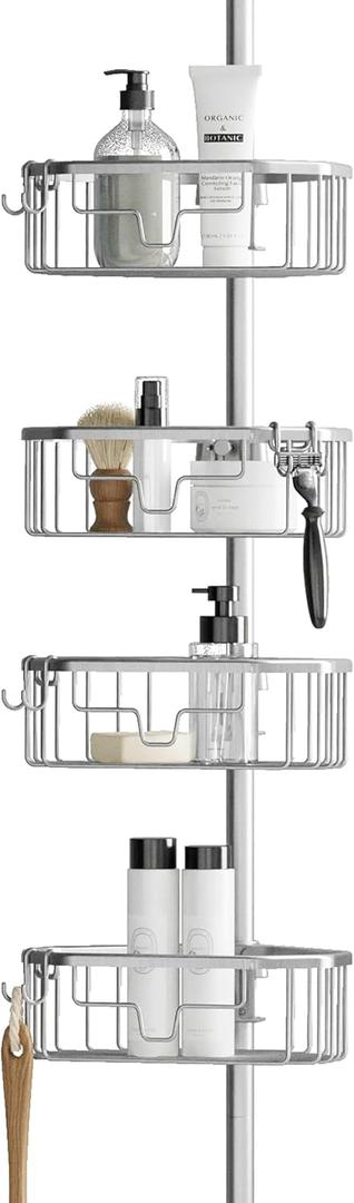 Zenna Home Tension Pole Shower Caddy Corner Organizer, Adjustable Standing Shower Caddy with 4 Shelves, Rustproof Bathroom Tension Rod Organizer, 60 to 108 Inch, Satin Chrome