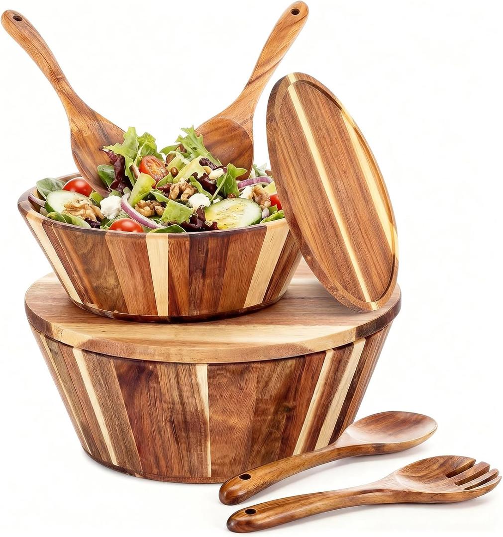 LemonRoad 2 Sets 10" 12" Large Wooden Salad Bowls Set Acacia Wooden Mixing Serving Bowls Decorative with Serving Utensils and Cover for Fruits Salad Pasta Kitchen Party