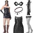 XYHKOBB Gothic Black Cat Costume Set for Halloween Parties Women's Punk Rock Faux Leather Corset Dress Gloves Mask L