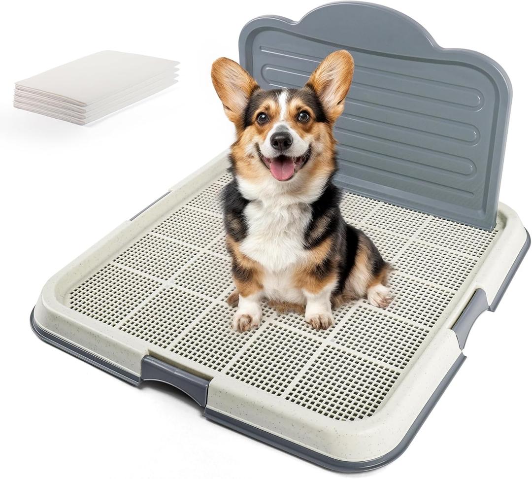 Dog Pee Pad Holder with High Wall, Large Puppy Potty Training Tray with Mesh Grid & Splash Guard, 23.6 x 23.6 Indoor Dog Litter Box, Includes 4 Disposable Pee Pads
