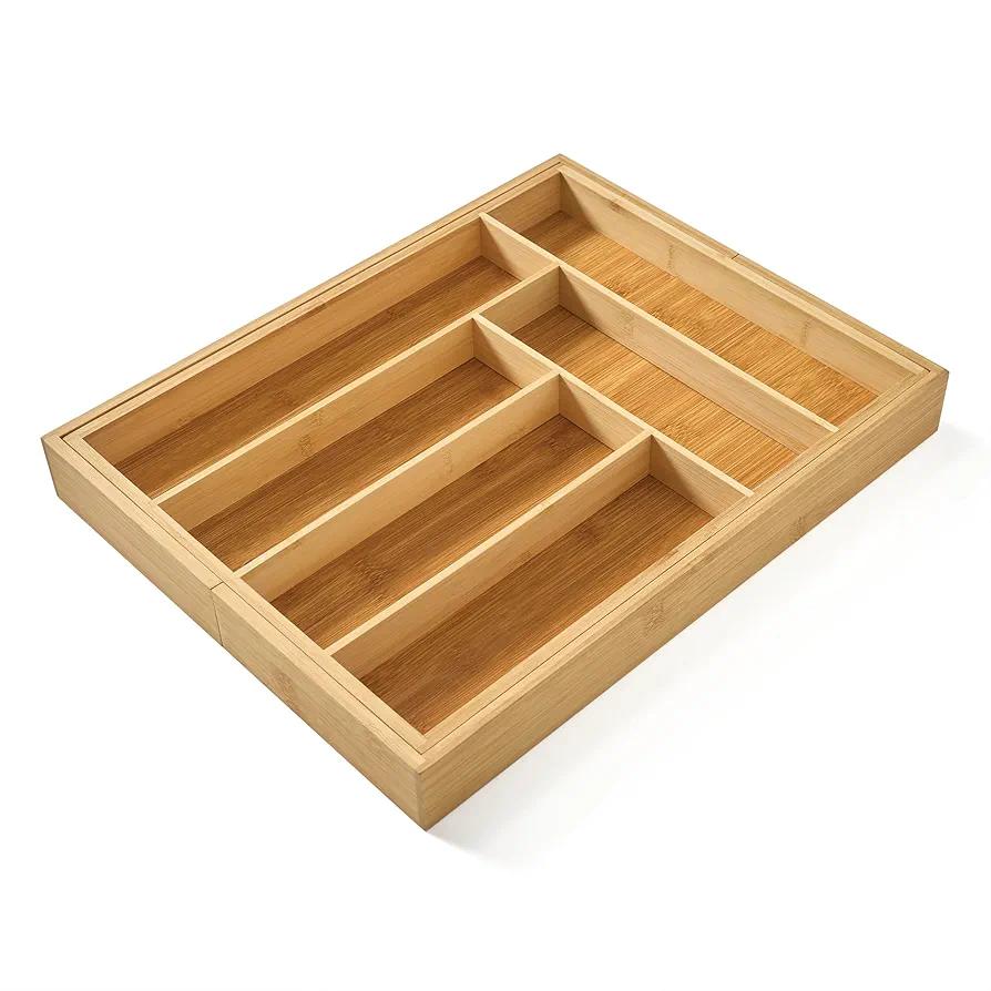 Copco Expandable Space Saving Flatware Organizer, 8 Deep Compartments for Multiple Item Storage, 19.62 x 13 x 1.87 Inch, Bamboo