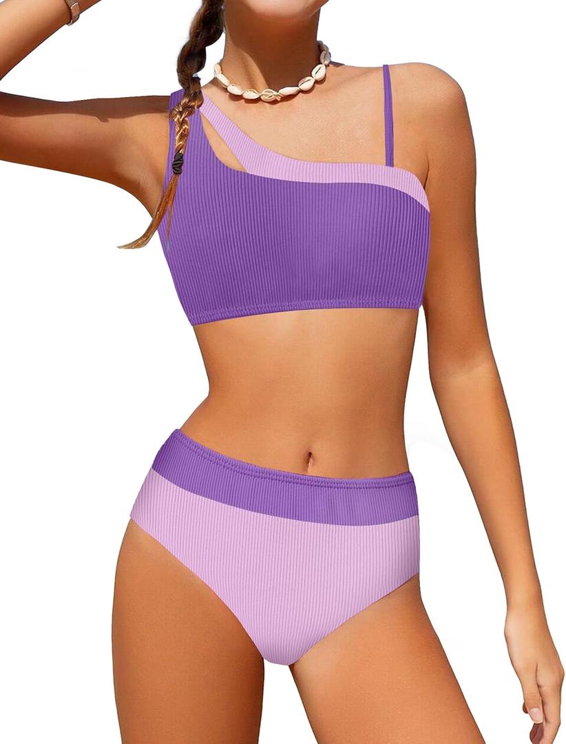 Girls Swimsuit Bikini Set Color Block Cut Out Two Piece Bathing Suit with Chest Pad Adjustable Straps Swimwear 7-16T (9-10 Years, Purple)