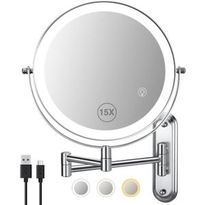 Wall Mounted Mirror with Lights - 15x Magnifing Extended Arm Mirror, 3 Color Lights & 360Swivel Vanity Mirror, 8.5in Bathroom Mirrors for Wall Mounted - Chrome