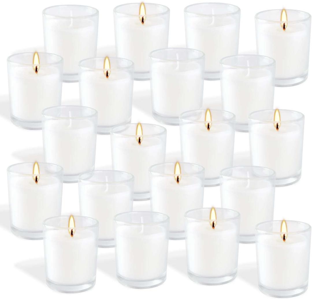 20 Pack White Unscented Glass Cup Candles - 15-20 Hour Burn Time, Soy Wax, Minimalist Style for Home Decor, Weddings, Parties & Special Occasions.