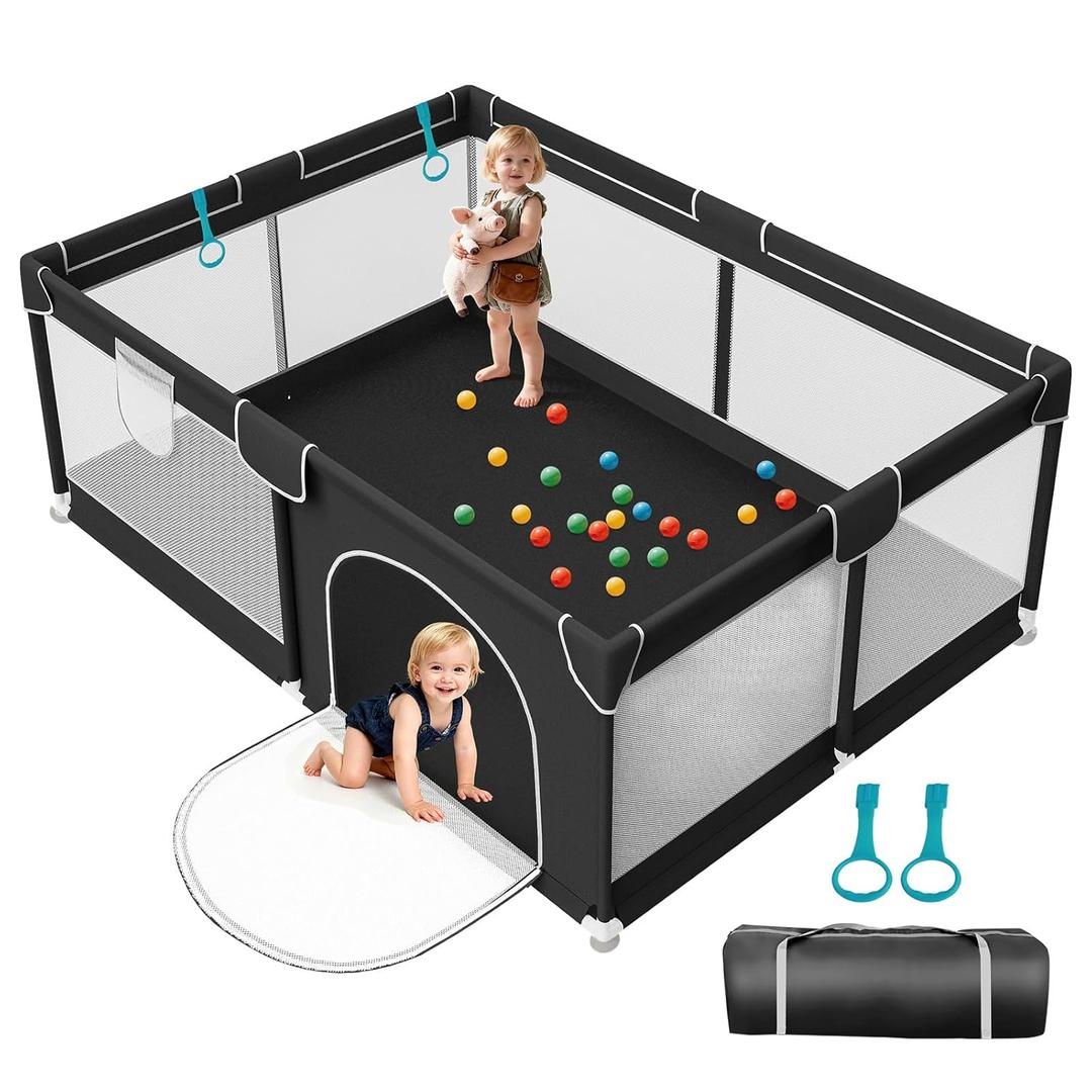 74x50 in Playpen for Babies and Toddlers - Indoor and Outdoor Extra Large Baby Play Pen with Soft Breathable Mesh & External Zipper Door - Baby Play Yard with Bag &2 Handles for Walking Playing, Black