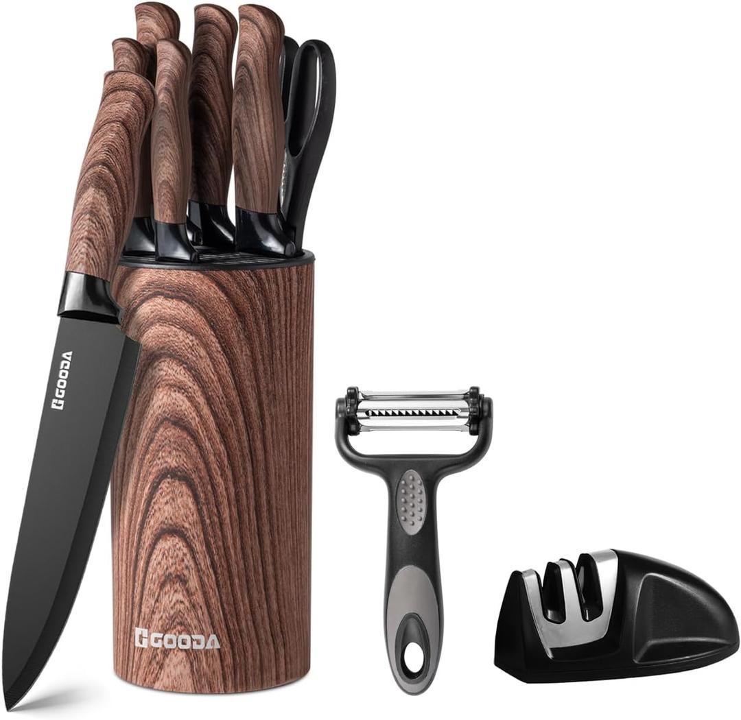 Knife Set,GOODA 9 Piece Kitchen Knife Set with Block and Sharpener, Anti-Rust Stainless Steel Cooking Knives Set for Kitchen, Chef Knife Block Set (Black)
