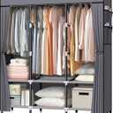 LOKEME Portable Closet, 61-Inch Portable Wardrobe with 3 Hanging Rods and 6 Storage Shelves, Non-Woven Fabric, Stable and Easy Assembly Grey Portable Closets for Hanging Clothes with Side Pockets