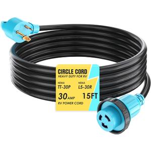 CircleCord 30 Amp 15 Feet RV Power Cord Twist Locking, Heavy Duty 10 Gauge 3 Wire STW Pure Copper Wire with Grip Handle, TT-30P to L5-30R with Cord Organizer for RV Trailer Campers