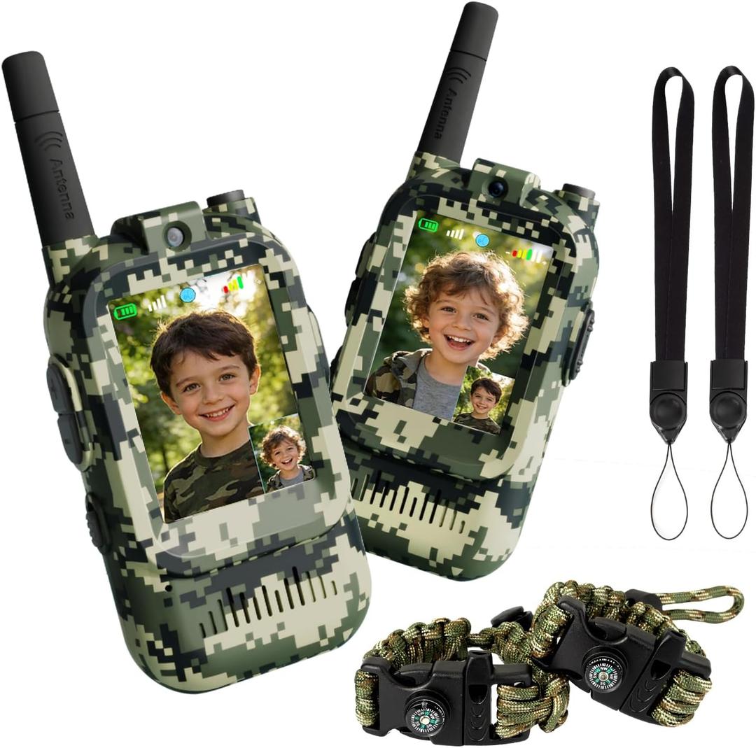 Video Walkie Talkies for Kids, 2 Pack Camo 2 Way Radio Toys for 3-12 Year Old Boys, Long Range Handheld Walkie Talkie for Outdoor Adventure Camping Hiking, Best Birthday Gifts