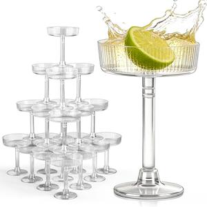Acellegic 24 Pack Plastic Champagne Tower 5 oz Champagne Flutes Martini Glasses Unbreakable Plastic Cocktail Glasses Stackable Stemmed Martini Cups for New Year Party Wedding Birthday Party Bar