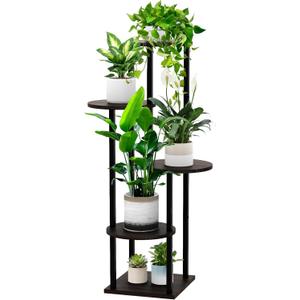 YOCOMEY 5 Tier Wood Tall Plant Stand Metal Rack Indoor, Multiple Flower Pot Holder Shelves Corner Rack, Round Planter Shelf Display Rack Storage Organizer for Patio Living Room Balcony(Black Oak)