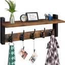 Homode Wall Hooks with Shelf, Wood Coat Rack with Shelf Wall-Mounted, Entryway Hanging Shelves with 5 Metal Hooks for Clothes Hats Towel Purse Robes, Bathroom Mudroom Bedroom, Rustic Brown Black (17.1 Inch Long)