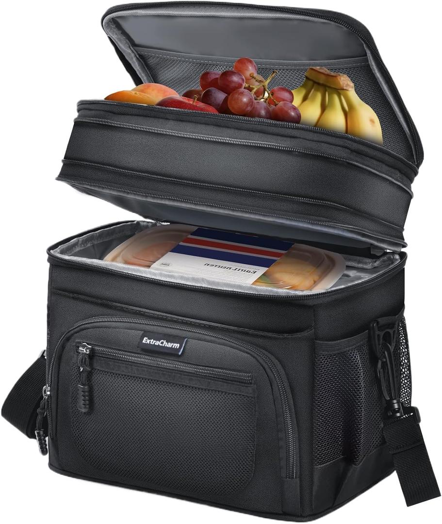 ExtraCharm Lunch Box for Men/Women Adults - Insulated Large Double Deck Leakproof Expandable Lunch Bag with Adjustable Shoulder Strap, Heavy Duty Cooler Bag for Work Camping Picnic (Black)