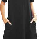 RUMIA V-Neck Summer Casual Sundress for Women- Puff Short Sleeve Swing Beach Dress with Pockets (Black, XL)