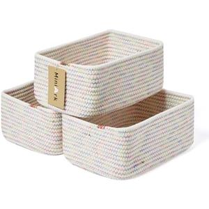MiniArk Small Storage Baskets for Organizing | Closet Organizer Bins | Shelf Toy Basket | Woven Rope Baskets | Cube Decorative Box | Shallow Basket | 11.5x7.5x4.7” | 3 Packs Rainbow