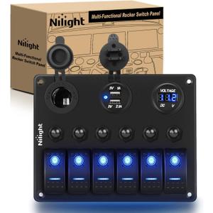 Nilight 6 Gang ON Off Rocker Switch Panel 12V Voltmeter Dual USB Charger Cigarette Lighter Socket For RV Truck Boat  (Blue)