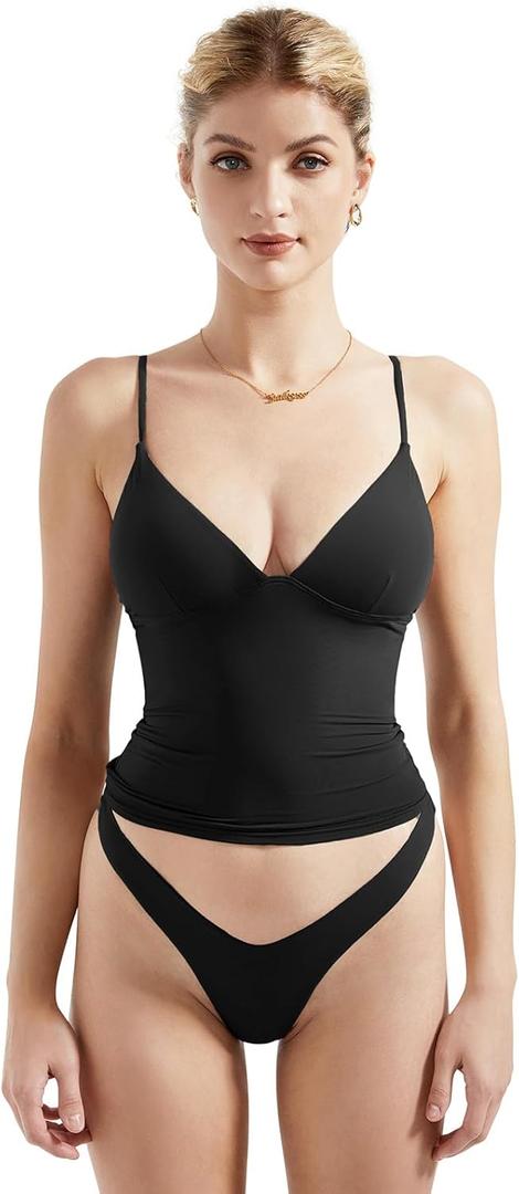 SUUKSESS Women Sexy Deep V Neck Sleeveless Fitted Basic Tops Y2K Tank Top Cami (Black), XS
