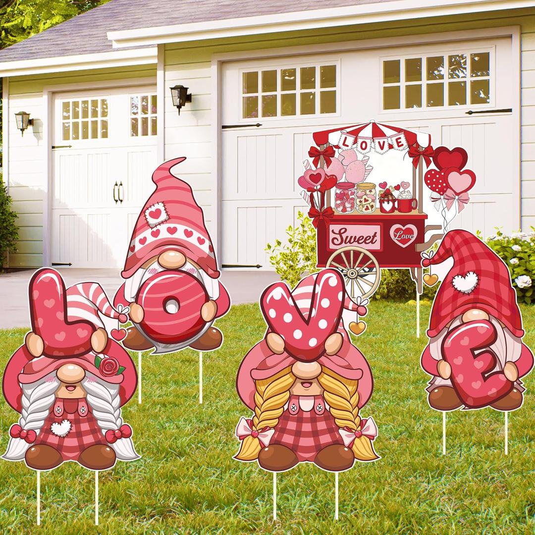 Valentines Day Yard Sign with Stakes Waterproof Gnomes Love Outdoor Decorations for Valentines Day Garden Lawn Patio Pathway Decor Outside