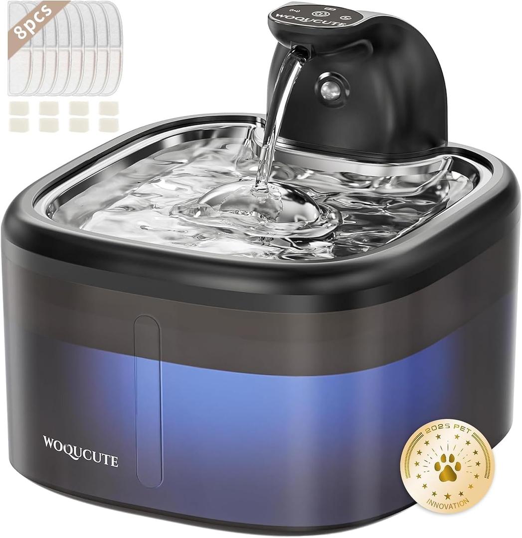 Cat Water Fountain Cordless 118oz/3.5LWireless & Ultra Quiet with Sensor/Timer Mode Stainless Steel Tray BatteryOperated Pet Fountain for Indoor Use, Pet Water Dispenser (Cat Fountain+8 Filters)