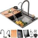 Stainless steel kitchen sinks single bowl above and under counter basins multifunctional black sink with waterfall pull out faucet and glass washer and accessories(Gray,80 * 45 * 20CM)