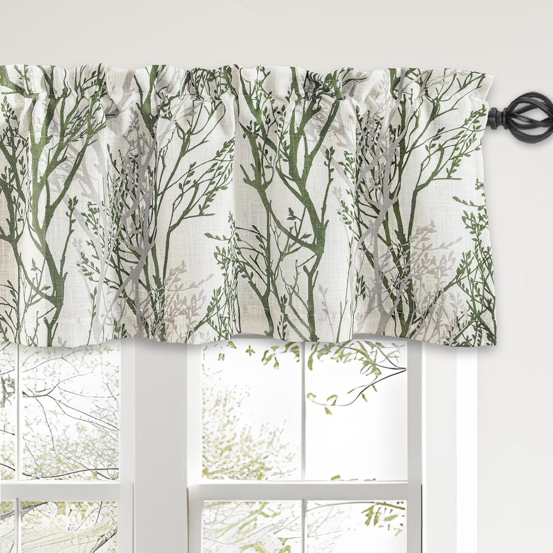 Driftaway Tree Branch Linen Lined Valance Double Layer Thermal Insulated Room Darkening Blackout Valances 3 Inch Rod Pocket Short Window Valance for Living Room Bathroom 52 Inch by 14 Inch Loden Green