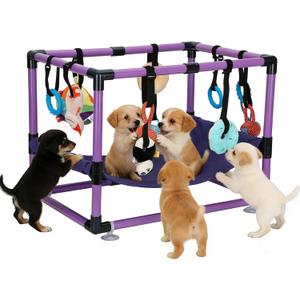 Purple Puppy Play Gym with 8 Hanging Toys, Dog Jungle Gym Indoor with Hammock and Funny Enrichment Toys, PVC Frame Puppy Gym Activities Center for Puppies