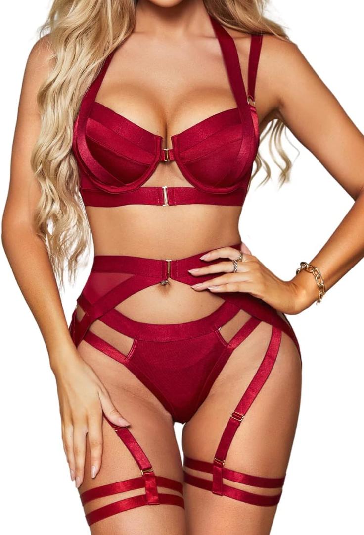 Kaei&Shi Strappy Harness, All Adjustable, Underwire Racerback, 4pc Garter Set (Burgundy)