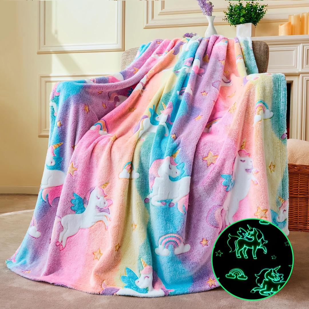 Joiedomi Glow in The Dark Blanket - Unicorns Gifts Toys for Girls Age 2 3 4 5 6 7 8 9 10 11 12 Year Old - Soft Cozy Flannel Kids Throw Blanket, Birthday Bedroom Decor 50"60" (Pink Purple Unicorn)