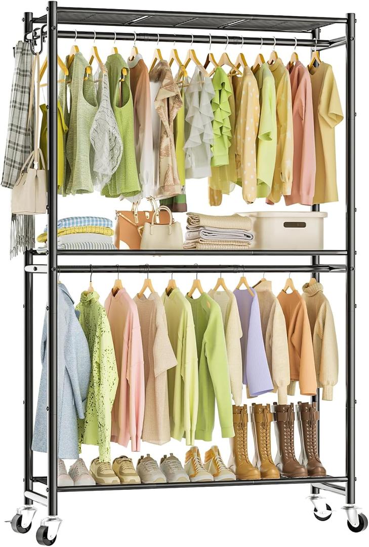 Neatrays Rolling Clothes Rack for Hanging Clothes, 47.2"x 11.8"x 79" Large Capacity Garment Rack with Double Rods & 3 Wire Shelves, Portable Closet with Wheels for Bedroom, Laundry, Balcony (Black)