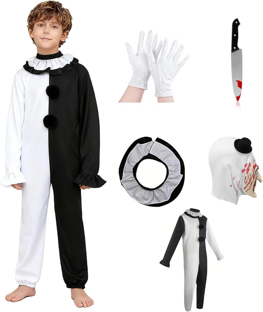 Kids Clown Costume for Kids 5Pack Jumpsuit Mask Gloves with Plastic Knife Outfit for Cosplay