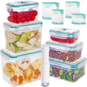 Vaccum Sealed Food Storage Container Set, 23 Pieces, 6 Stackable Containers with Lids, Hand Pump and 10 Vacuum Sealable Bags