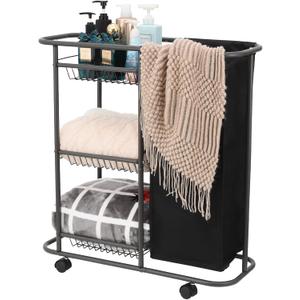 Rolling Laundry Cart with Wheels: 3-Tier Laundry Caddy Between Washer and Dryer - Heavy Duty Wrapping Paper Cart with 45L Bag for Narrow Space Laundry Room Bathroom Bedroom Black