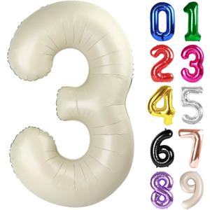 3 Balloon - Cream Birthday Number Balloons, 40 Inch Large Foil Balloons for Men Women Boys Girls Cream Themed Birthday Decorations