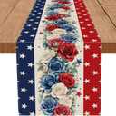 4th of July Table Runner Red White and Blue Flowers Stripe Stars 13x60 Inch Memorial Day Independence Day Patriotic Kitchen Table Decoration for Home