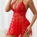 Sexy Lingerie for Women Lace Babydoll with Heart Print V Neck Nighty Mesh Sleepwear Front Slit Nightdress (Red, M)