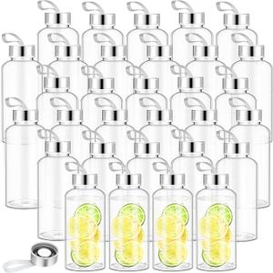 Zubebe 40 Pcs Reusable Water Bottles Bulk Clear Bottles with Stainless Steel Leak Proof Lids Acrylic Bottles with Nylon Carrying Strap Shaker Bottles for Water, Milk, Smoothie, Juice Beverage