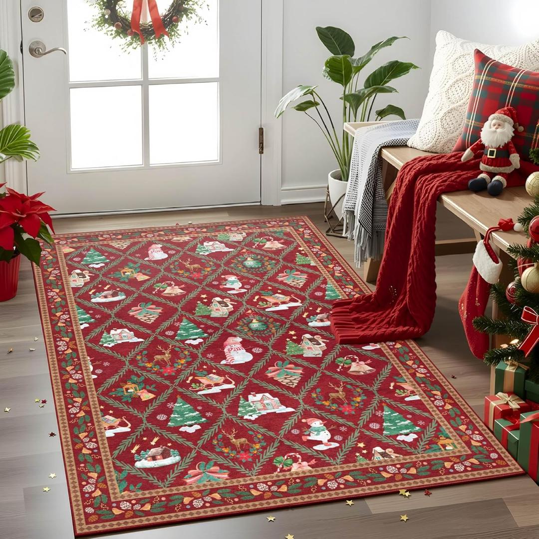 Christmas Rug for Entryway Living Room Area Rugs, Santa Welcome Front Door Mats Indoor Non Slip Doormat, Xmas Holiday Decor Rugs for Kitchen Bedroom Bathroom Hallway, 3x5 Feet Red